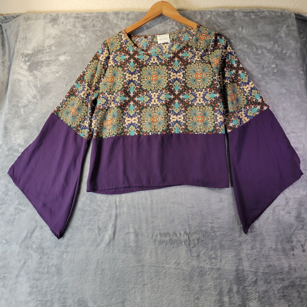 Black Bead USA Womens Medium Boho Mixed Print‎ Bell Sleeve Blouse Purple